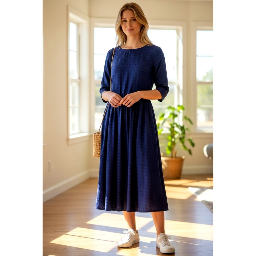 Gallego Desportes Paris Blue Cotton Midi Minimalist Dress S Made in France